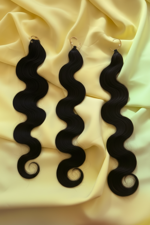Three black body wave corchet hair extensions with gold rings, laid flat on a draped pale yellow satin fabric background.